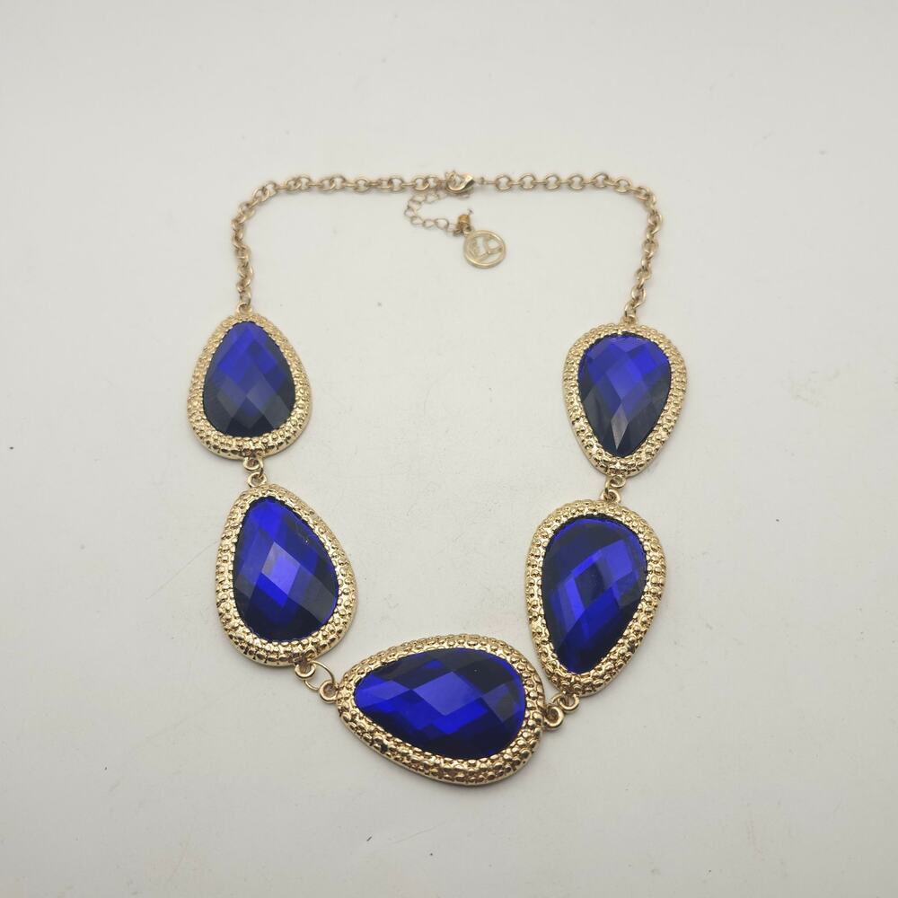 Erica Lyons‎ Gold Tone Cobalt Blue Faceted Teardrop Statement Necklace 18-21in